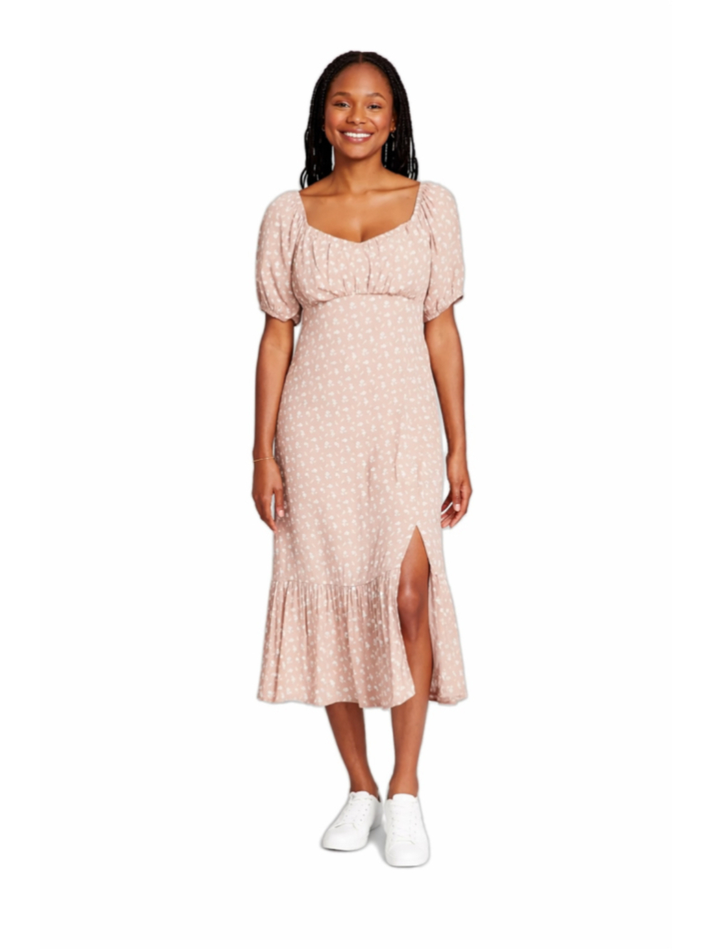 And Now This Extra Extra Small Beige & White Printed Puff-Sleeve Midi Dress NWT